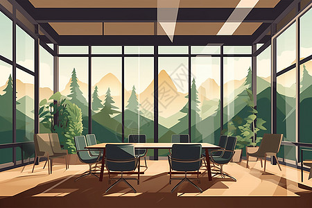 自然全景一间带玻璃墙的会议室插画