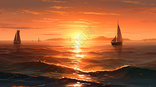 夕阳下的大海和船图片