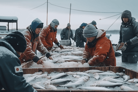 一群工人在渔业中小心工作图片