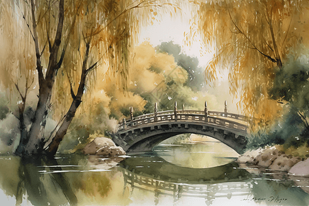 中国桥的宁静水彩背景图片