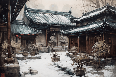 雪天中式传统庭院图片