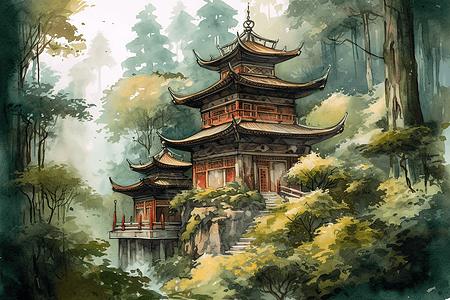 树林里的寺庙背景图片