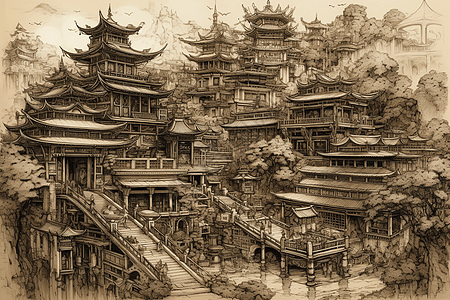 中国古代寺庙群背景图片