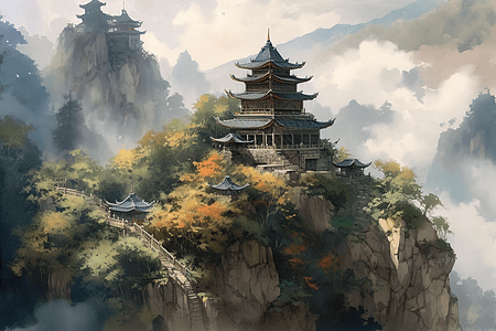 水彩画的山顶上的寺庙图片