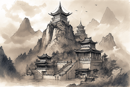 修道院山顶的寺庙插画