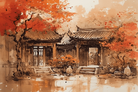 秋天的寺庙庭院图片