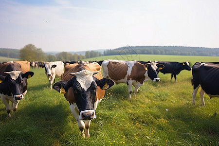 在草地上的农场奶牛群图片