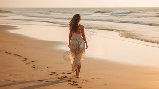 美丽的女人走在沙滩上背景图片