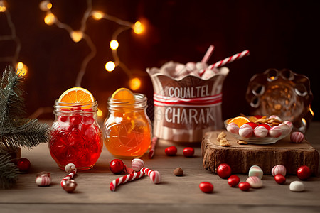 糖果瓶子桌上的圣诞糖果和果酱背景