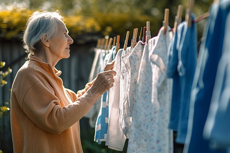 老年妇女在户外洗衣服图片