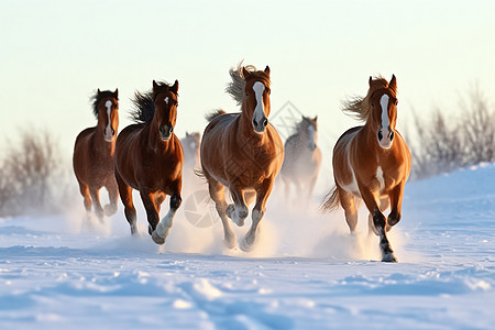 跑过雪地的马群图片