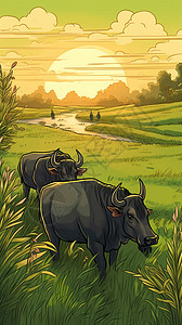 水牛在翠绿的稻田中图片