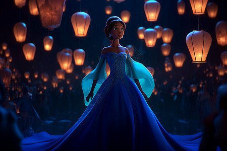 孔明灯下的公主3D卡通人物背景图片