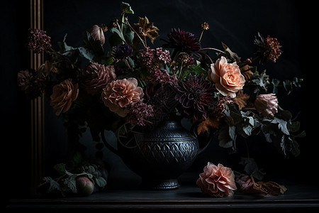 黑色花瓶中的花朵图片
