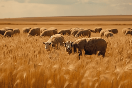 麦田里放牧的羊背景图片