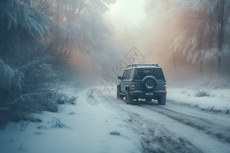 一辆SUV在白雪皑皑的森林中行驶图片