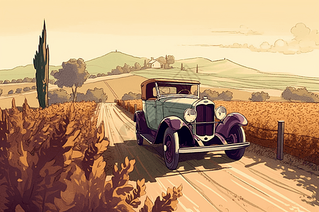 古董车驶过乡村的葡萄园插图图片