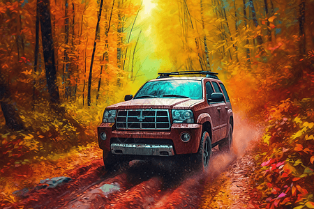 一辆SUV在秋天穿越森林平面插图图片