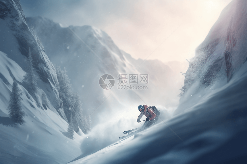 雪山中的滑雪者图图片