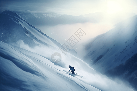 下坡滑雪者在山上飞驰、高清图片