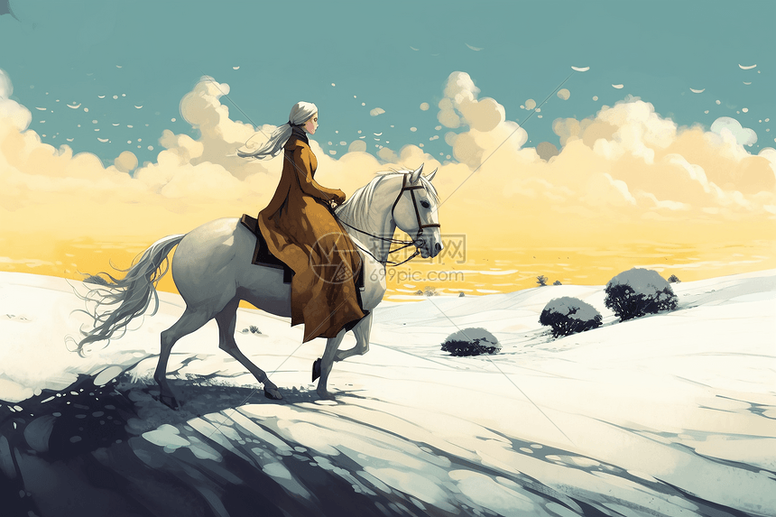 女士在白雪覆盖的平原上骑马艺术插图图片