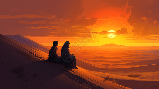 夫妇坐在沙丘上冥想图片