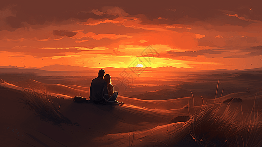 一对夫妇坐在沙丘上分享故事图片