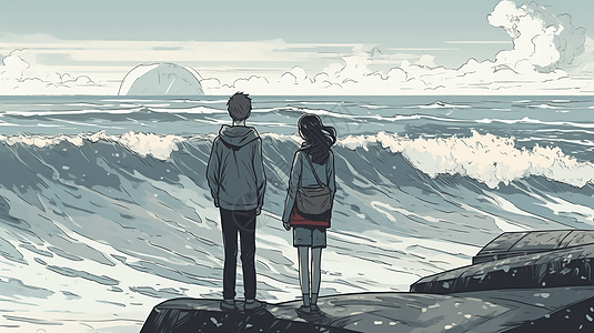 情侣在海边看着日落图片