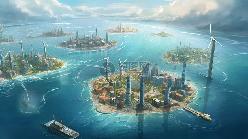 鸟瞰一座由海洋能源驱动的城市图片