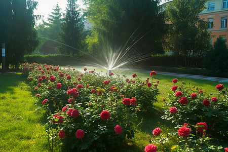 全自动喷水系统的花园背景图片