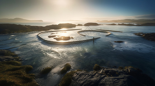 一系列潮汐涡轮机为特色的潮汐泻湖全景图片