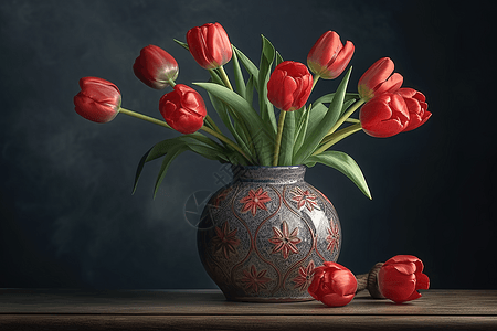 红色郁金香花瓶图片
