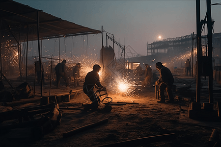 夜间工作工人在建筑工地焊接作业设计图片