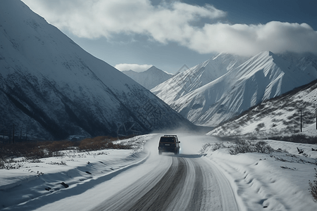 汽车积雪积雪覆盖的山峰设计图片