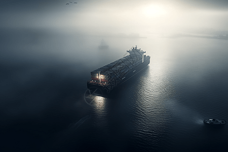 有雾的海港和货船图片