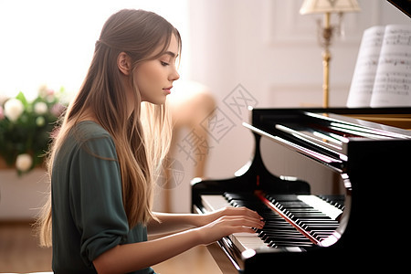 年轻女子在家里弹钢琴图图片