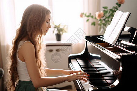 年轻女子在家里弹钢琴图片图片