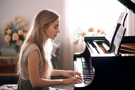 年轻女子在家里弹钢琴图片