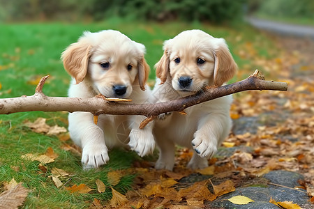 两只小狗金毛去咬树枝图片图片素材
