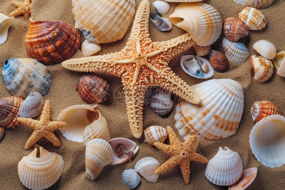 贝壳和海星在海滩上图片