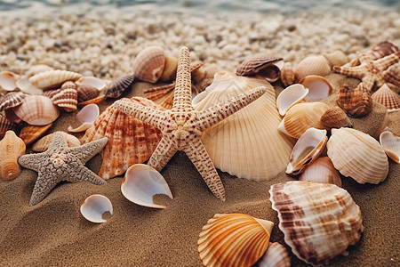 沙滩上的各种海星贝壳图片