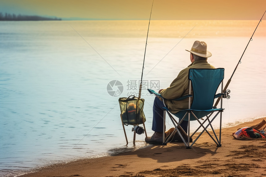 渔夫坐在椅子上钓鱼图片