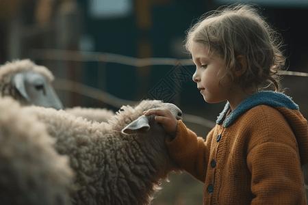 在农场和绵羊玩耍的孩子图片