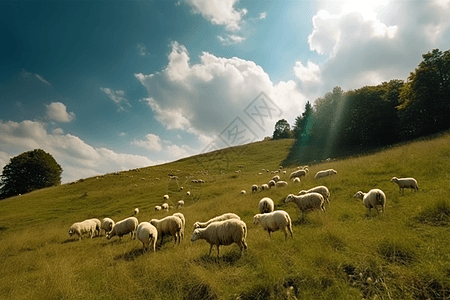 在山上吃草的绵羊图片