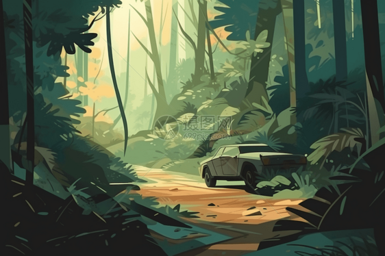 穿过茂密森林的一辆电动汽车图片