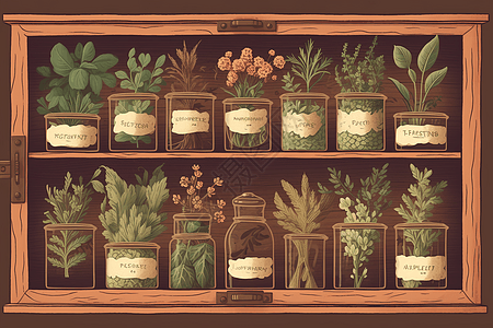 装满各种草药的木柜艺术插图图片