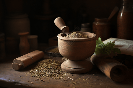 用来研磨草药的研钵和杵的特写镜头图片