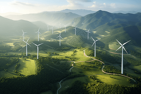 群山中的风车涡轮机背景图片