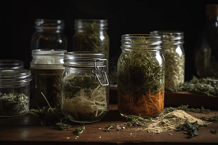 肠道健康发酵草药以创建富含益生菌的补品背景