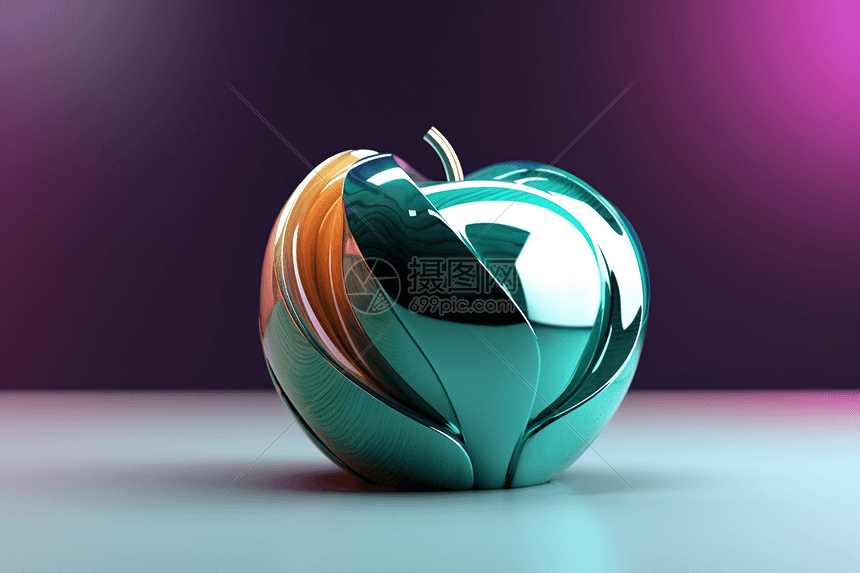 3d抽象金属发光艺术苹果概念图图片
